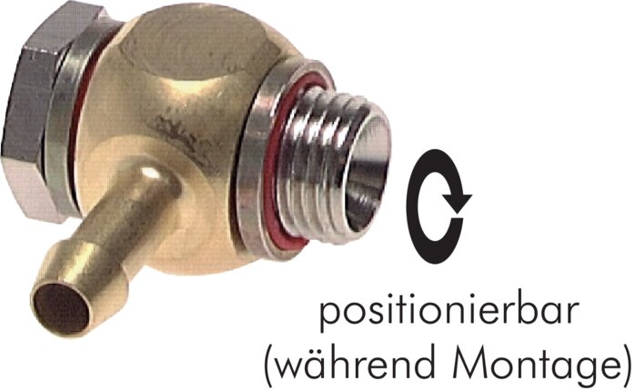 Exemplary representation: Angular threaded sleeve, swivelling, brass with elastomer seal